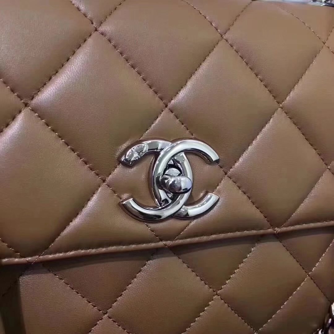 Original Chanel Flap Bag With Top Handle Lambskin Silver Coffee