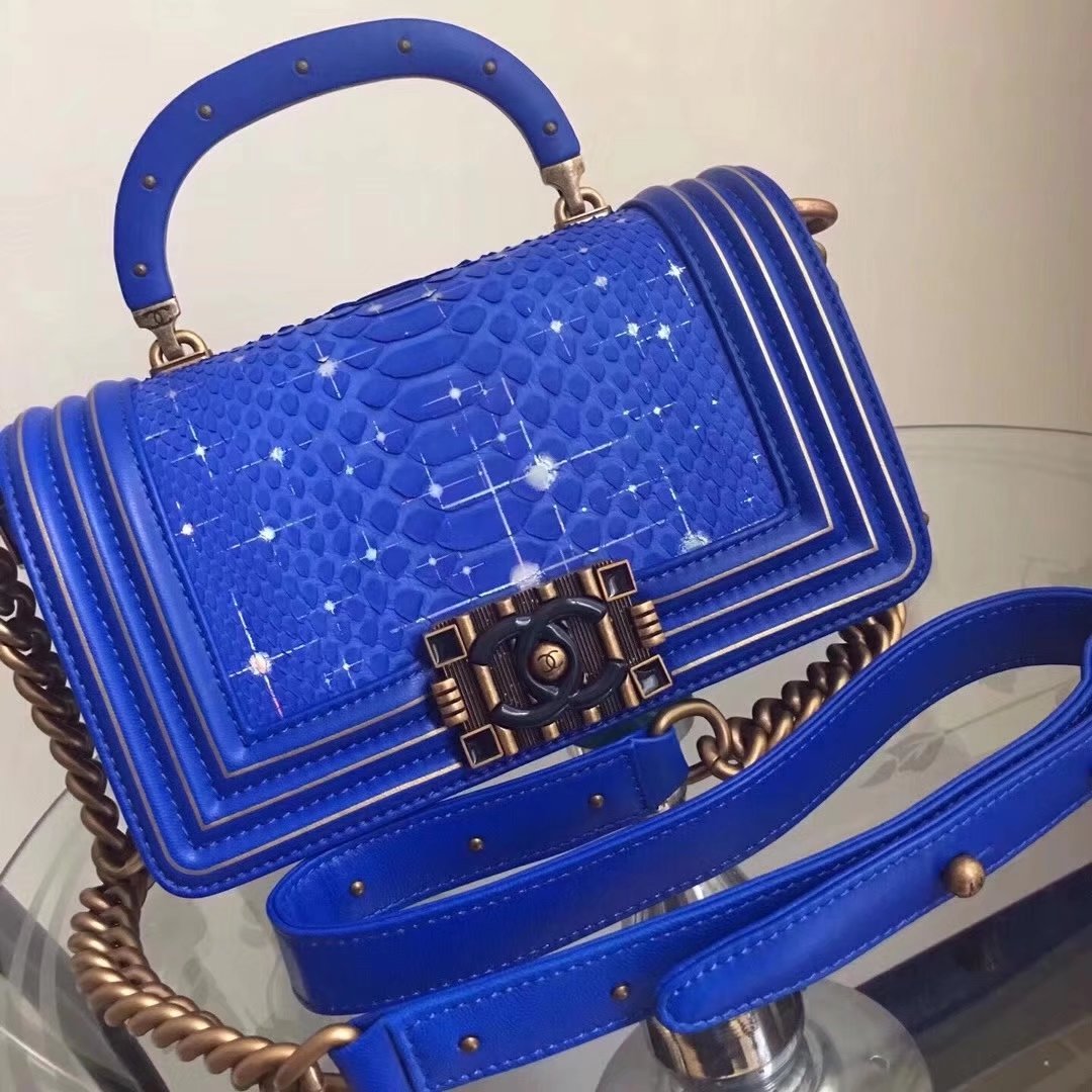 Original Quality Chanel Blue Python 20cm Boy Bag with Top Handle Bronze Hardware