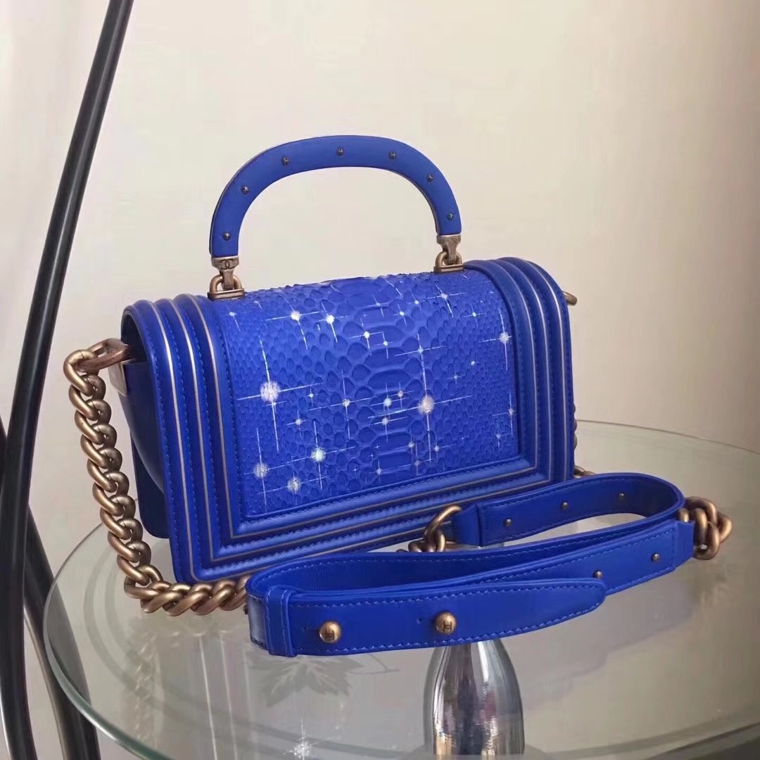 Original Quality Chanel Blue Python 20cm Boy Bag with Top Handle Bronze Hardware