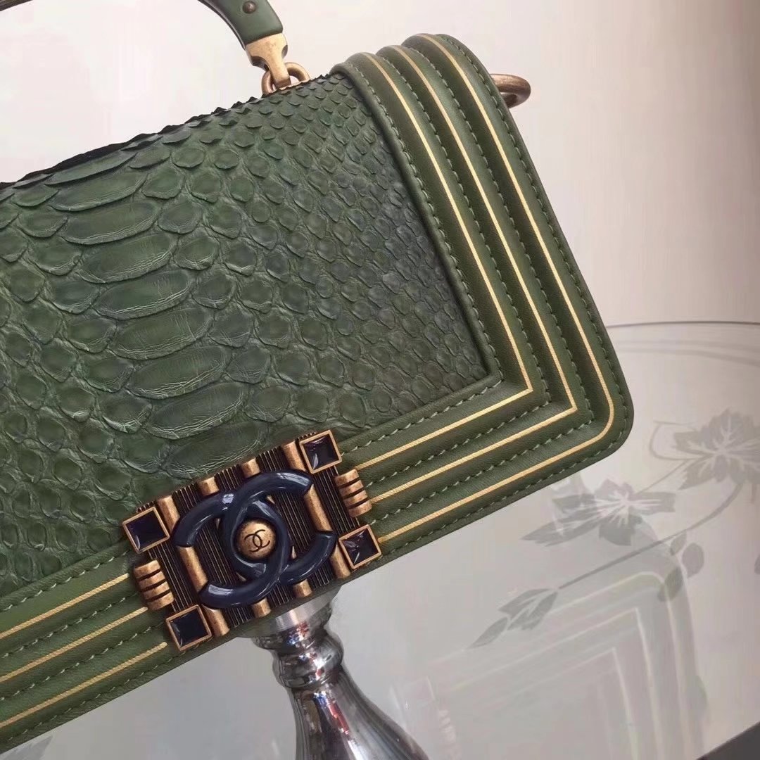 Original Quality Chanel Green Python 20cm Boy Bag with Top Handle Bronze Hardware