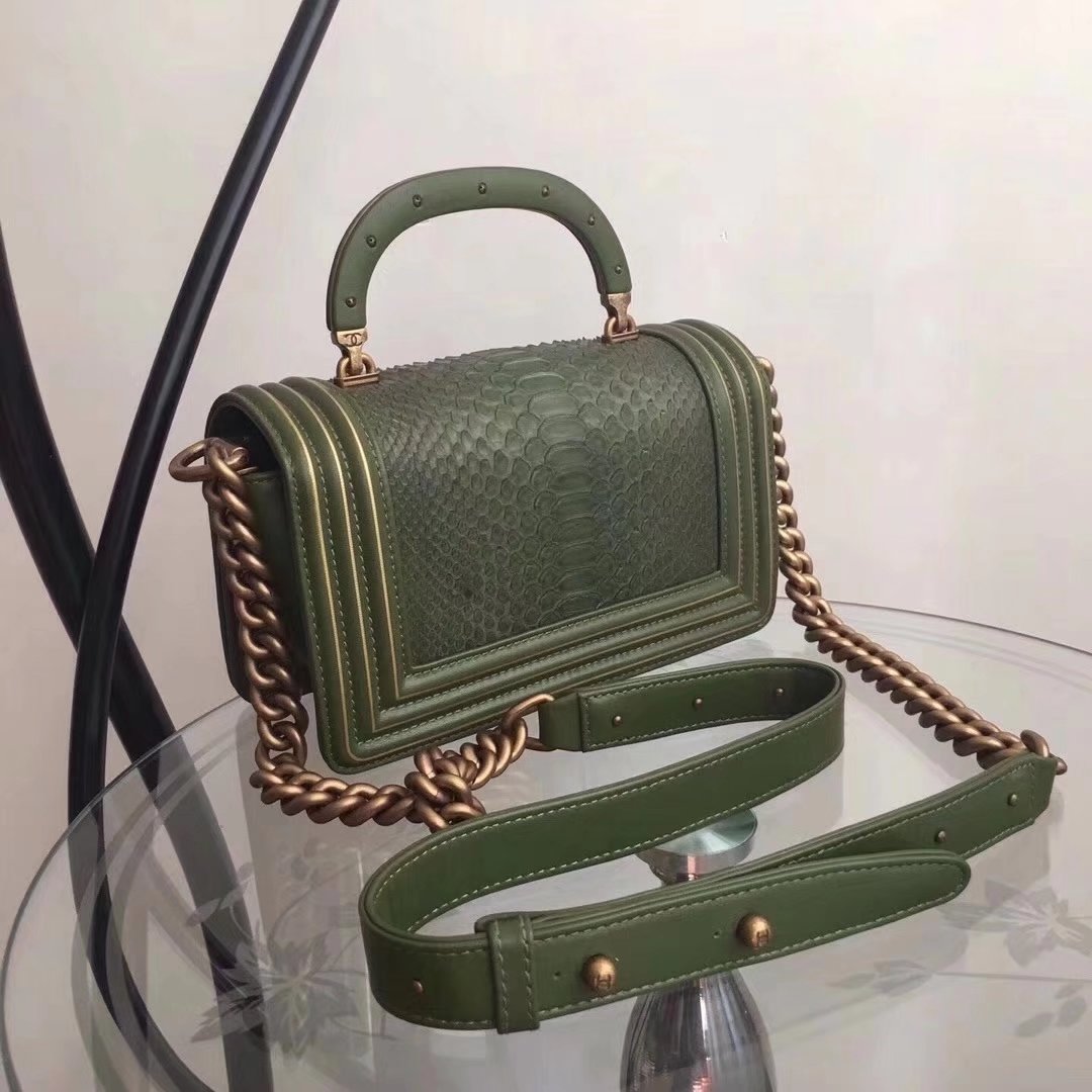 Original Quality Chanel Green Python 20cm Boy Bag with Top Handle Bronze Hardware