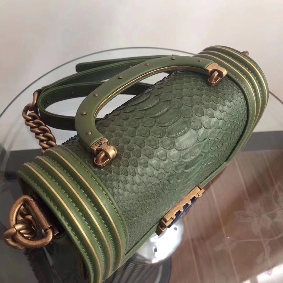 Original Quality Chanel Green Python 20cm Boy Bag with Top Handle Bronze Hardware