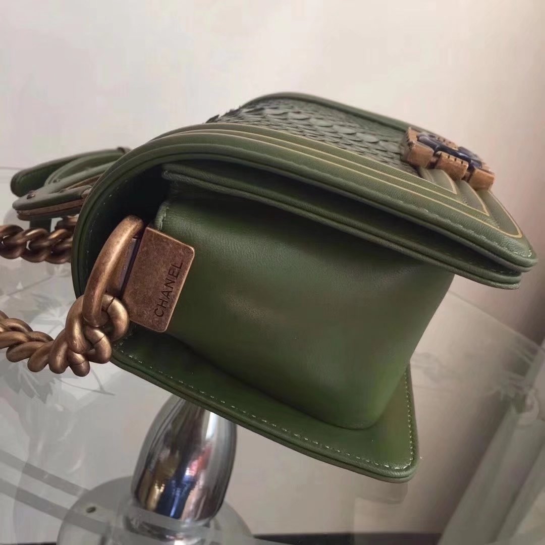 Original Quality Chanel Green Python 20cm Boy Bag with Top Handle Bronze Hardware