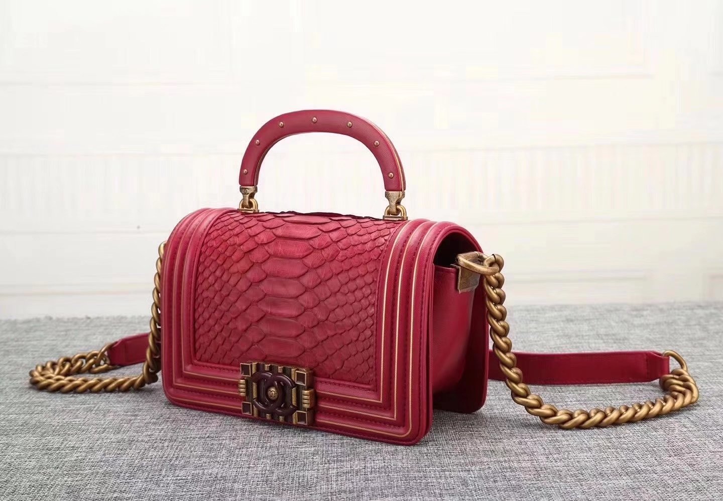 Original Quality Chanel Red Python 20cm Boy Bag with Top Handle Bronze Hardware