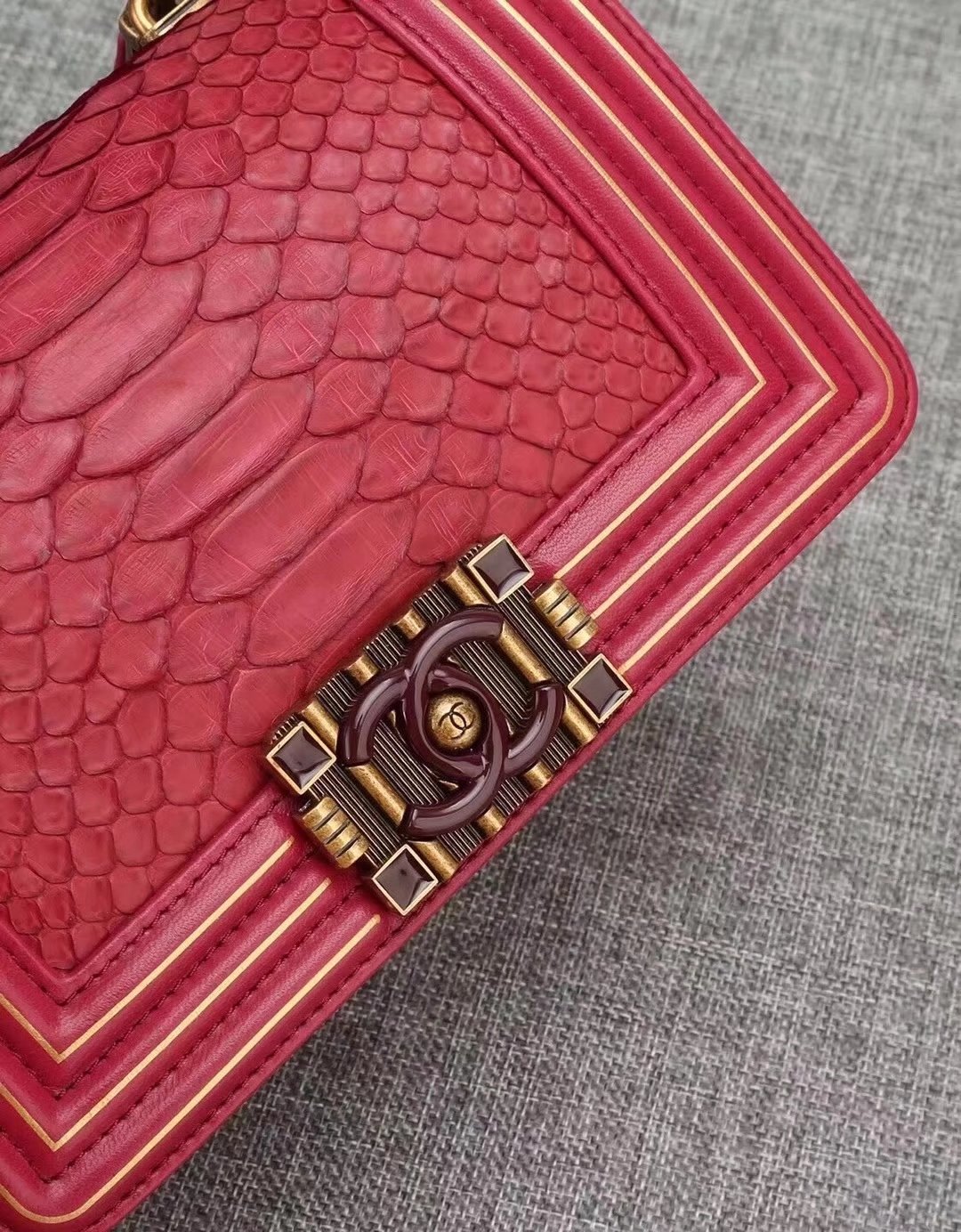 Original Quality Chanel Red Python 20cm Boy Bag with Top Handle Bronze Hardware