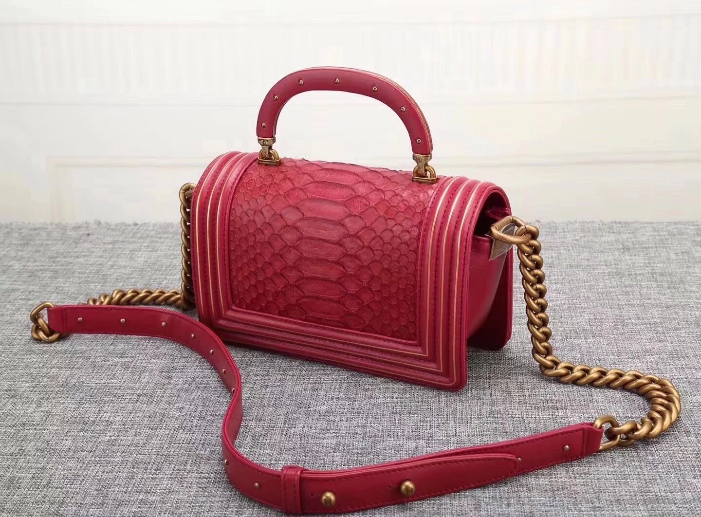 Original Quality Chanel Red Python 20cm Boy Bag with Top Handle Bronze Hardware