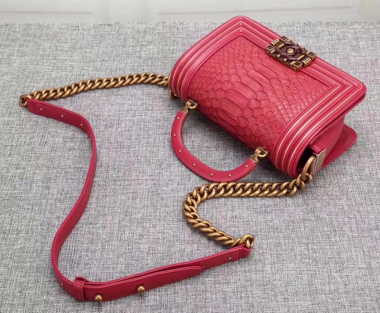 Original Quality Chanel Red Python 20cm Boy Bag with Top Handle Bronze Hardware