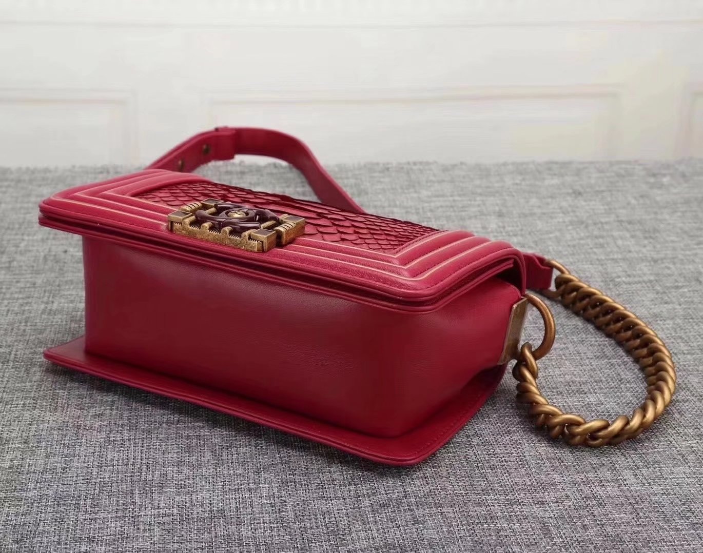 Original Quality Chanel Red Python 20cm Boy Bag with Top Handle Bronze Hardware