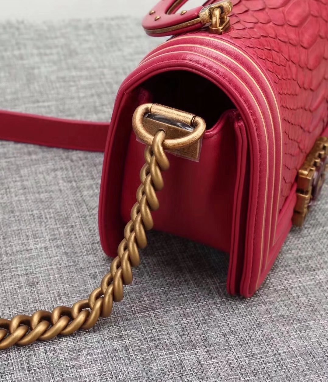 Original Quality Chanel Red Python 20cm Boy Bag with Top Handle Bronze Hardware