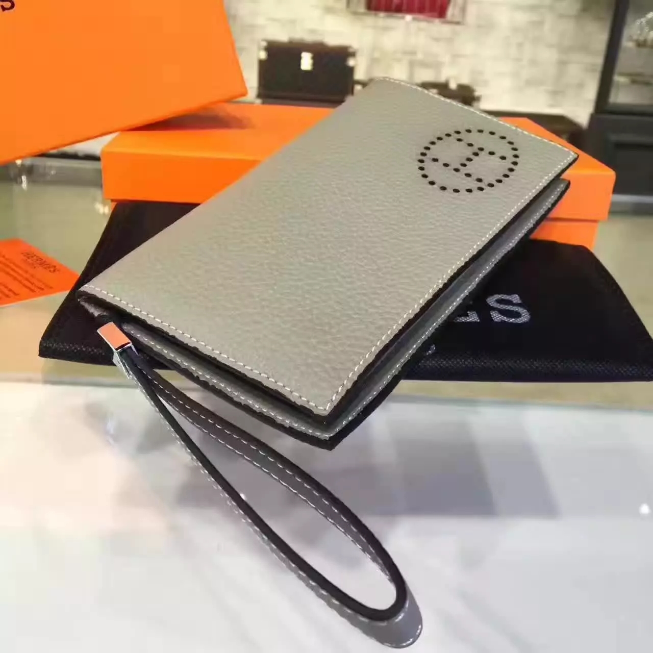 Original Quality Hermes 802-1 Leather Men Clutch Wallet Grey