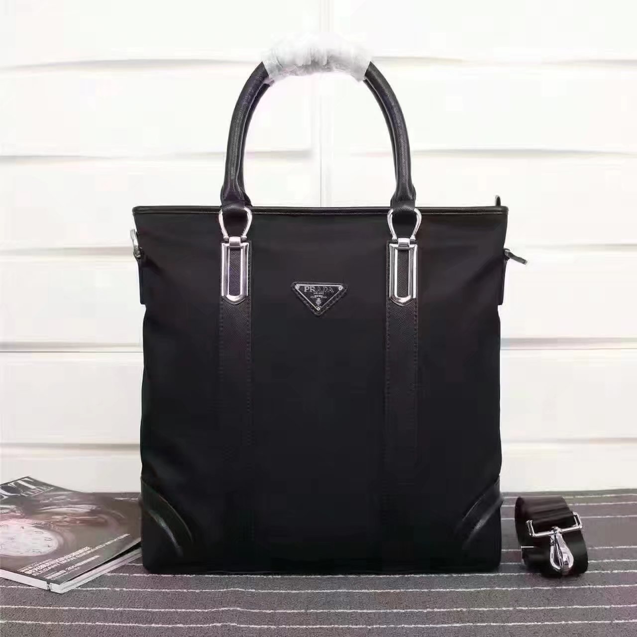 Prada 0017 Men Tote With Saffiano Leather Trim and Handles