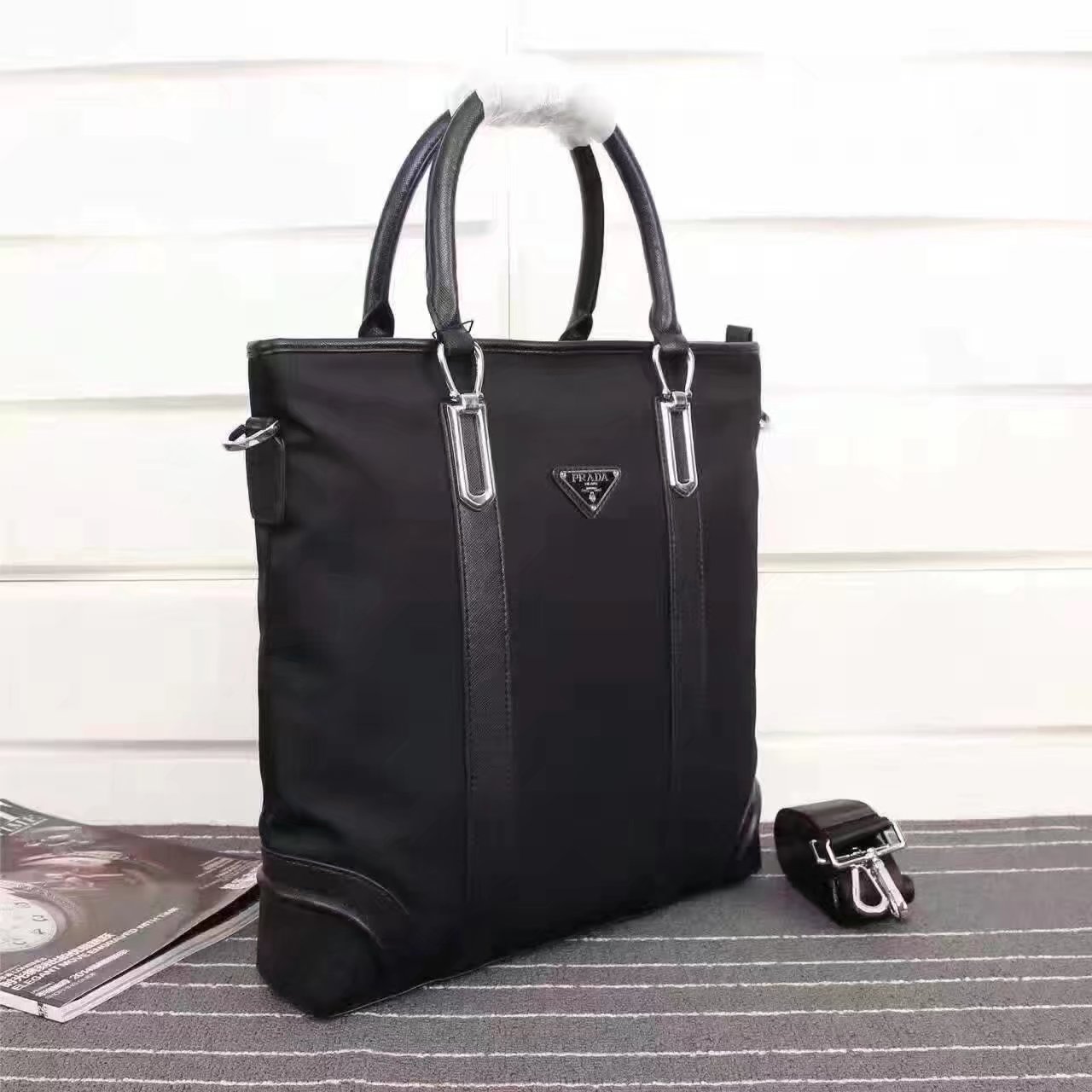 Prada 0017 Men Tote With Saffiano Leather Trim and Handles