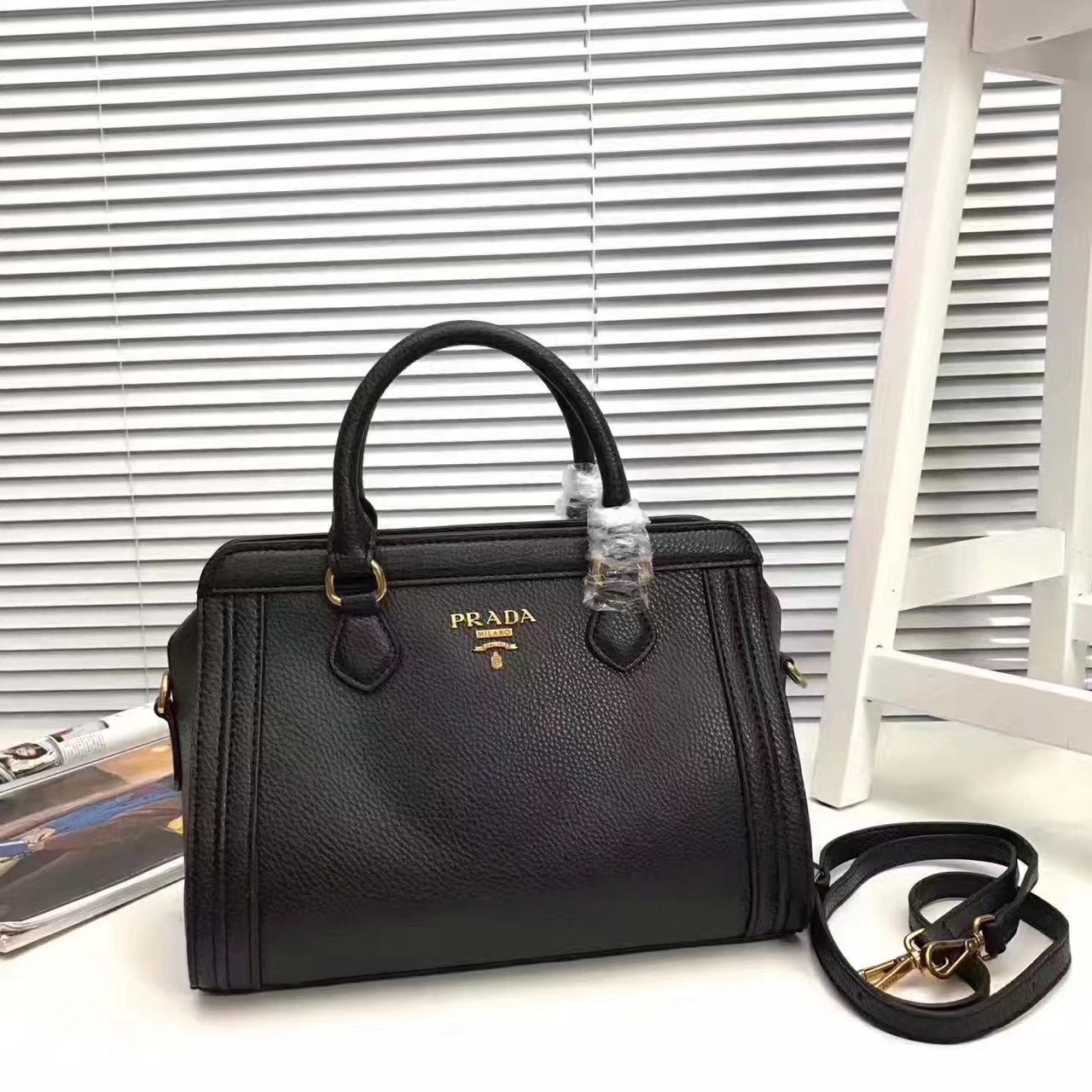 Prada 1189 Tote Leather Bag Black