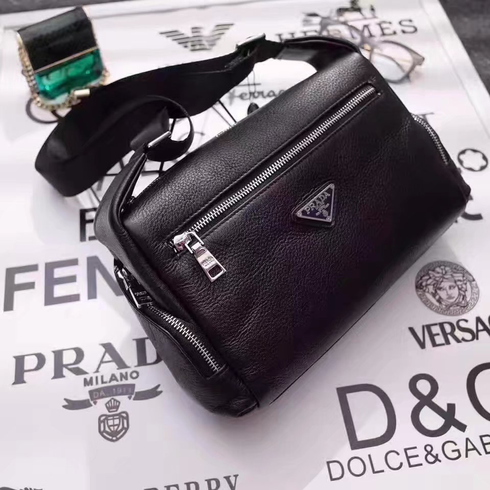 Prada 167 Men Leather Mini Messenger Bag Black