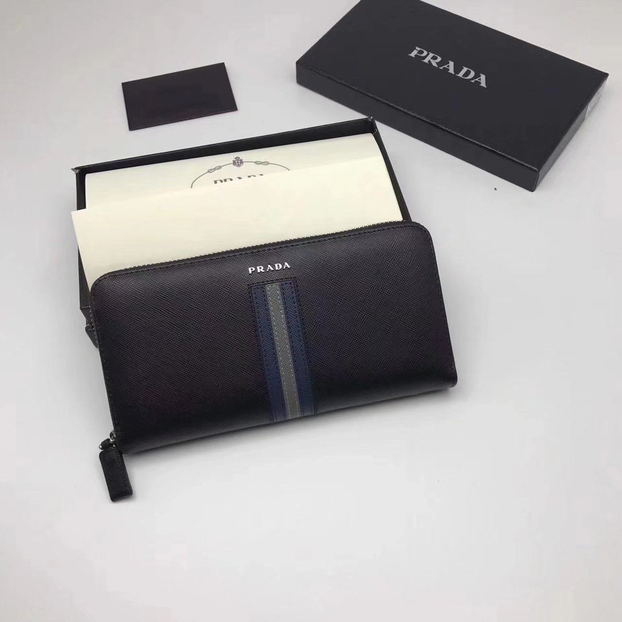 Prada 2M1317 Men Document Holder Saffiano Leather Long Wallet Black