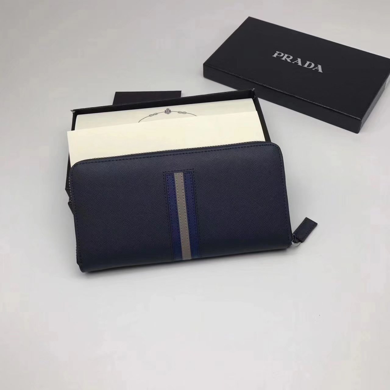 Prada 2M1317 Men Document Holder Saffiano Leather Long Wallet Blue