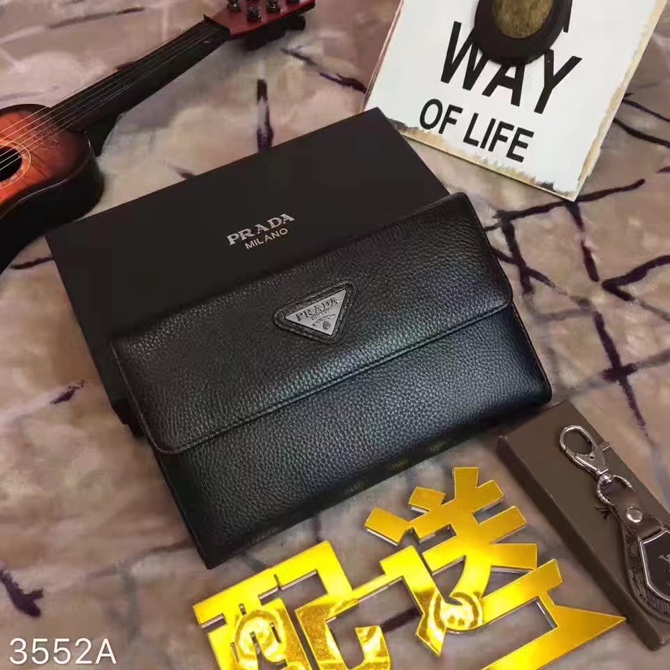 Prada 3552A Black Leather Flap Clutch Bag