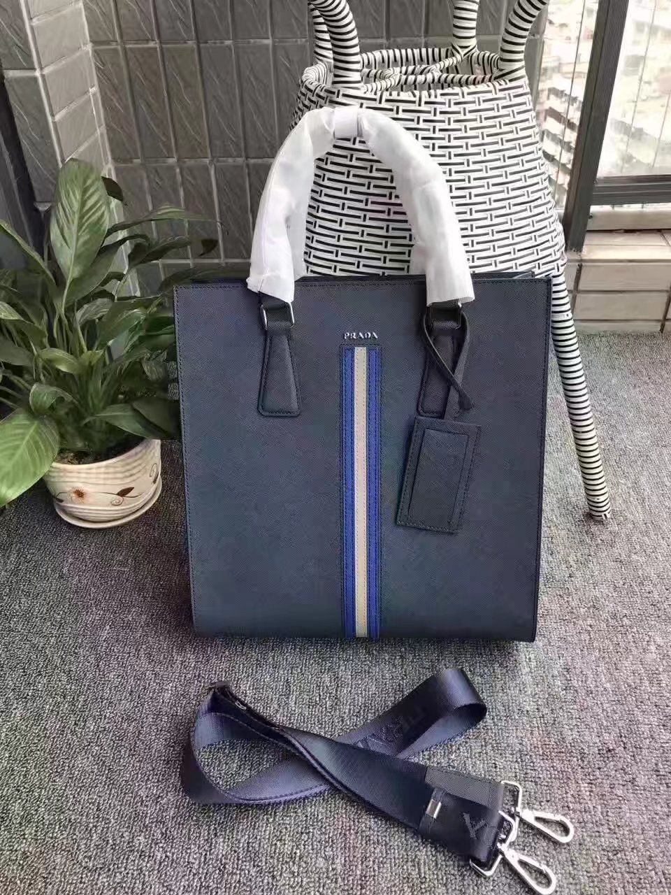 Prada A6665 Men Saffiano Leathe Tote Blue