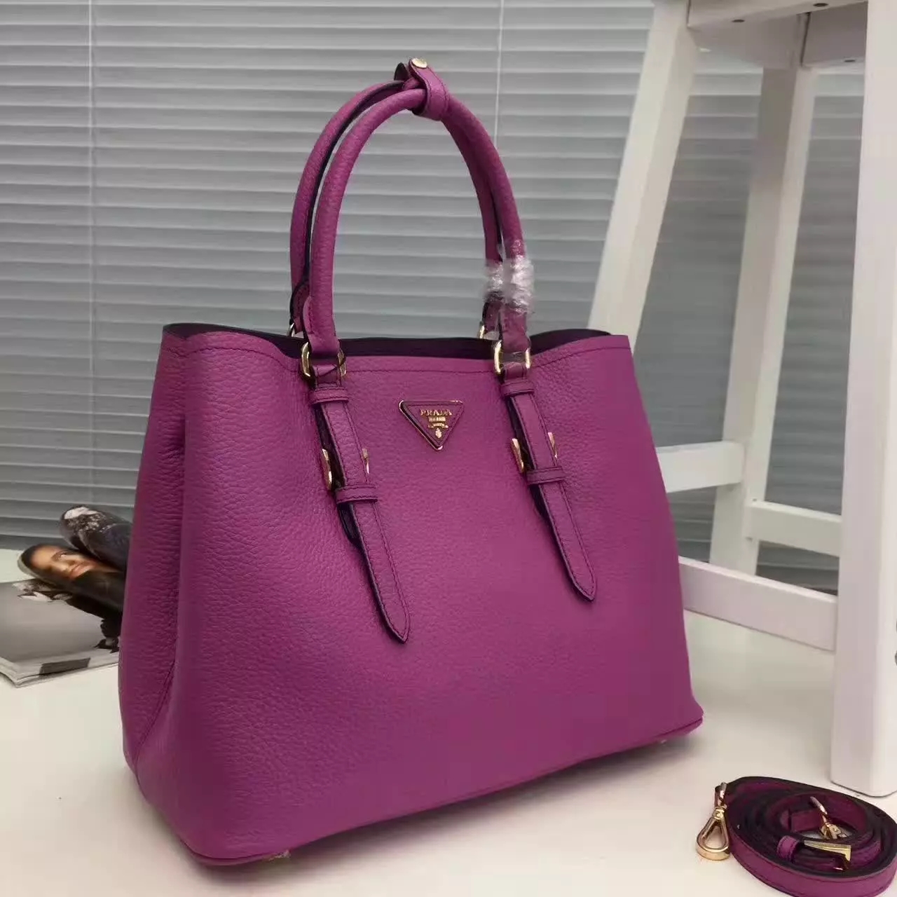 Prada Double Bag Saffiano Cuir Leather Tote Pink