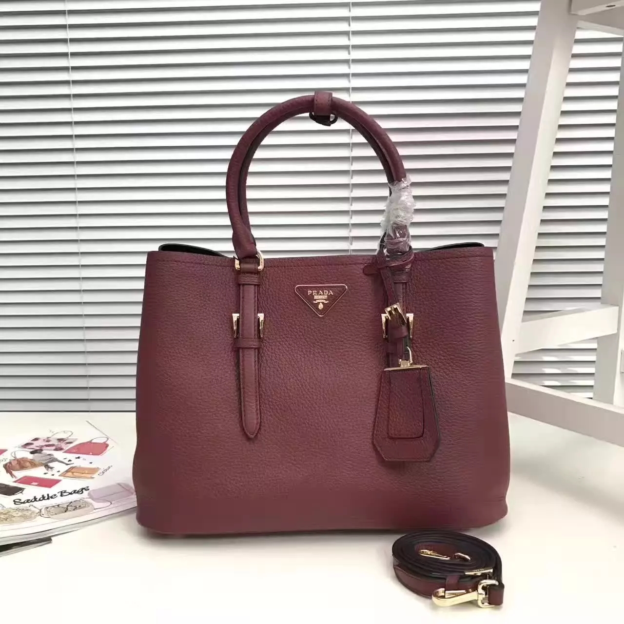 Prada Double Bag Saffiano Cuir Leather Tote Red Wine 