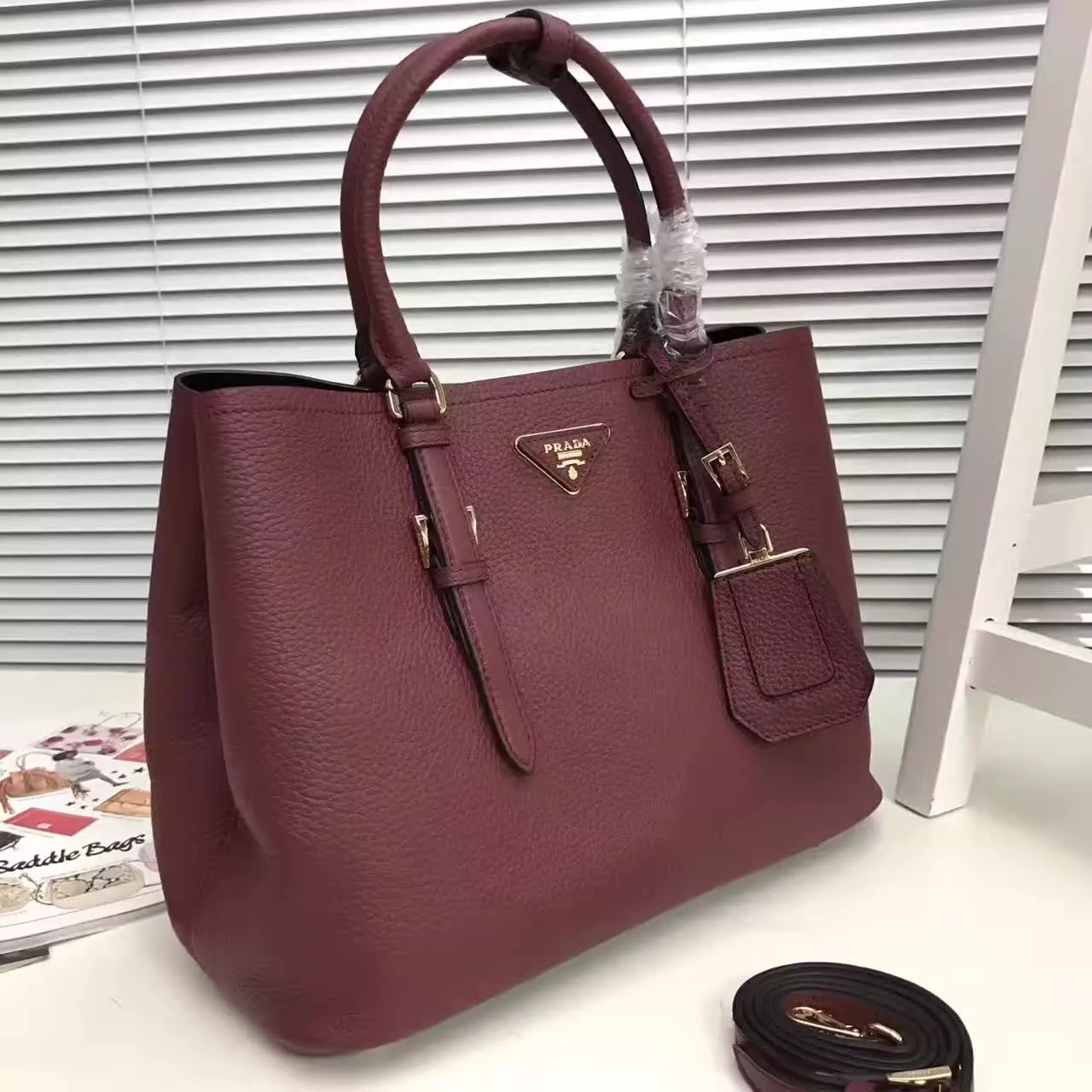 Prada Double Bag Saffiano Cuir Leather Tote Red Wine 