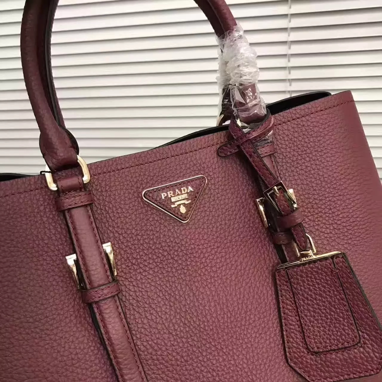 Prada Double Bag Saffiano Cuir Leather Tote Red Wine 