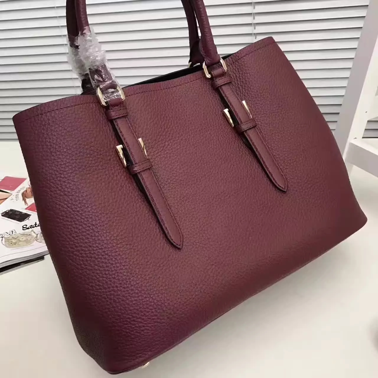 Prada Double Bag Saffiano Cuir Leather Tote Red Wine 