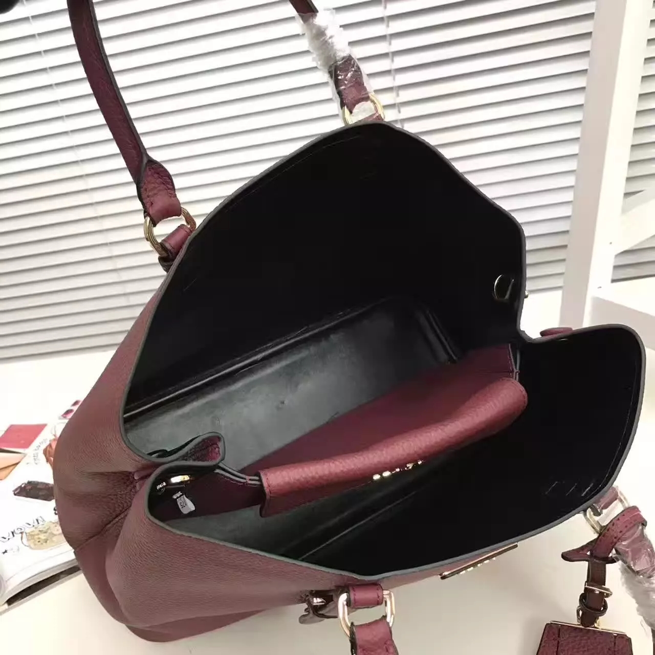 Prada Double Bag Saffiano Cuir Leather Tote Red Wine 