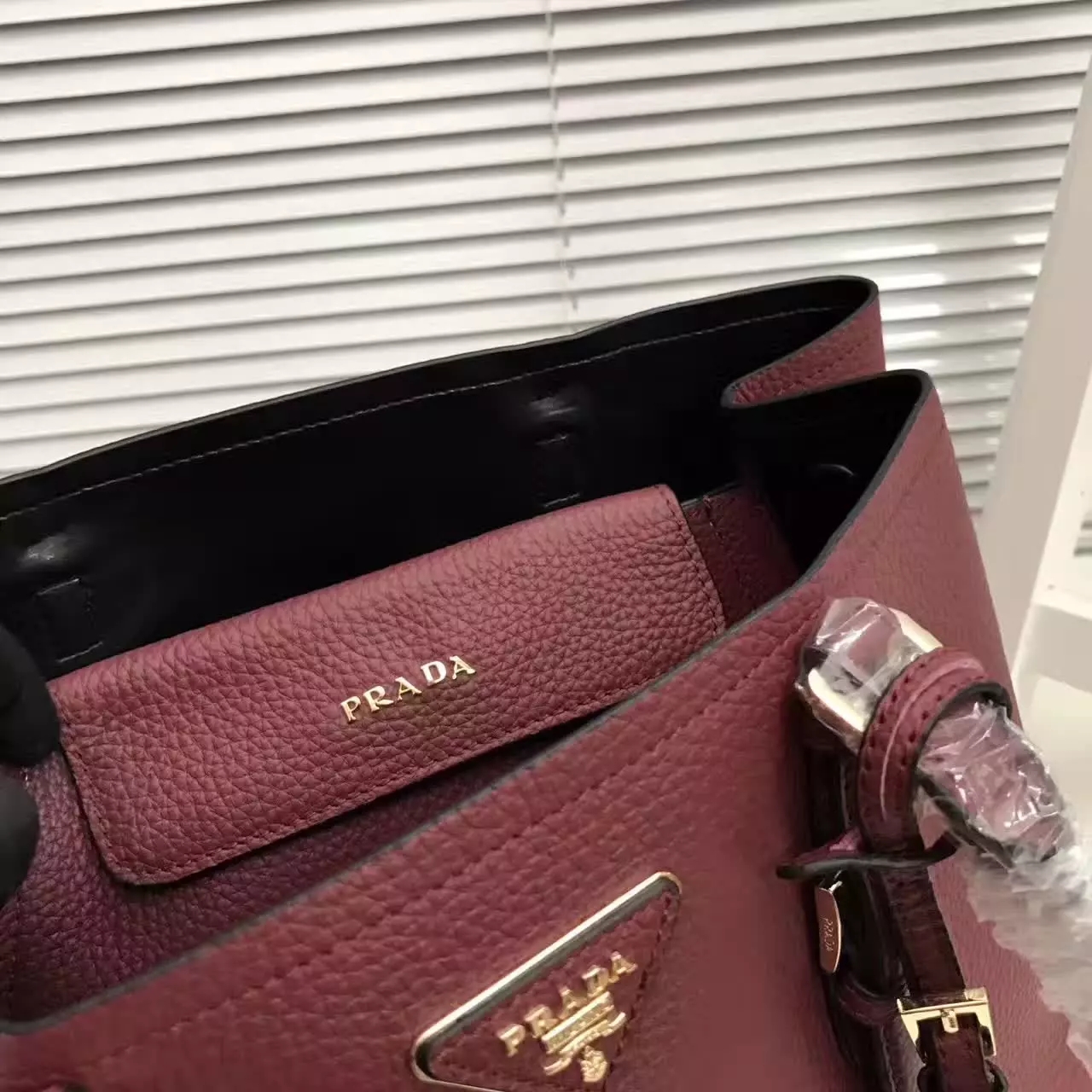 Prada Double Bag Saffiano Cuir Leather Tote Red Wine 