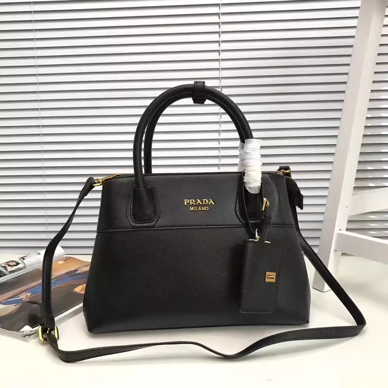 Prada Esplanade Saffiano Leather Tote Bags With Wallet Black