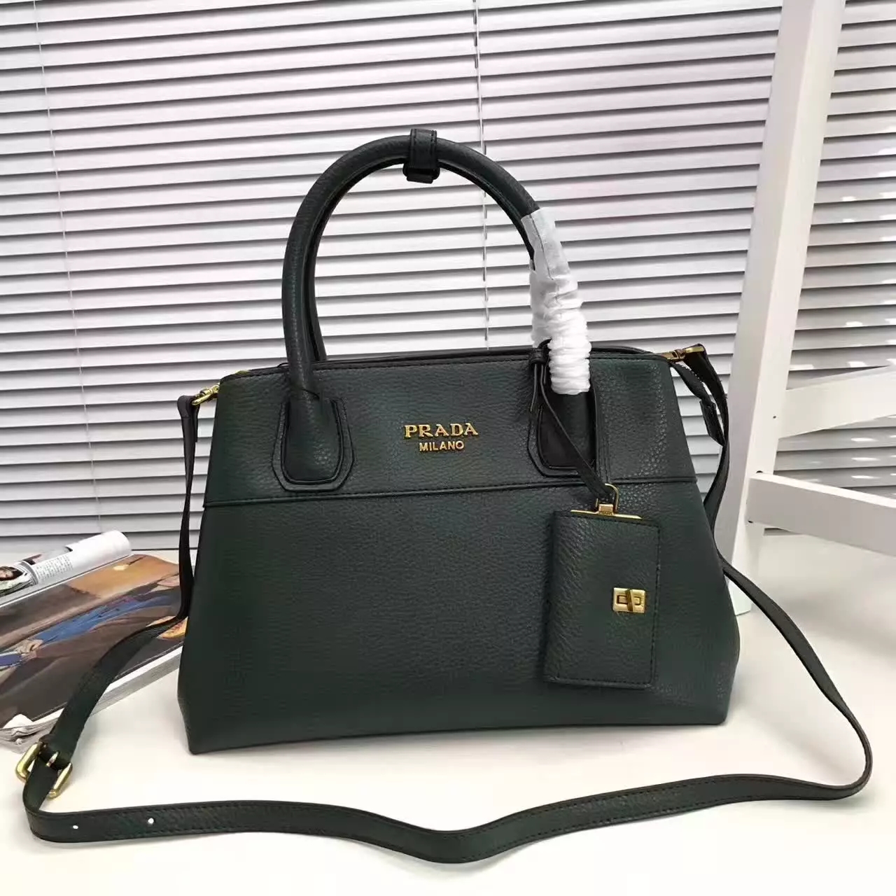 Prada Esplanade Saffiano Leather Tote Bags With Wallet Forest Green