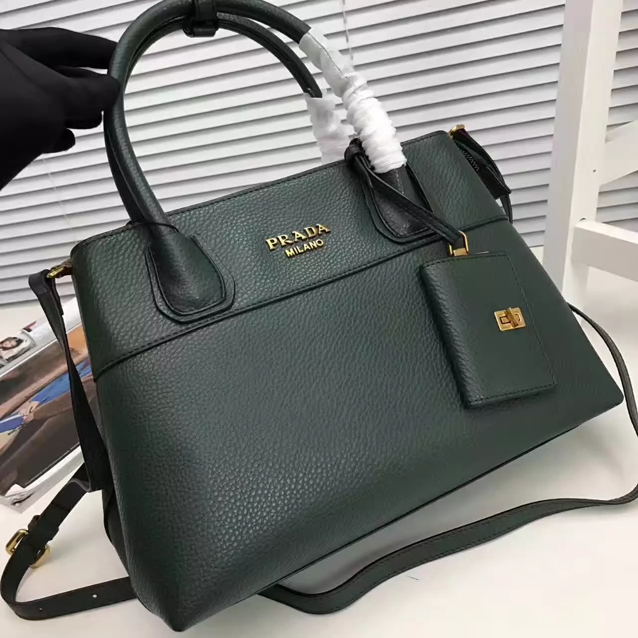 Prada Esplanade Saffiano Leather Tote Bags With Wallet Forest Green