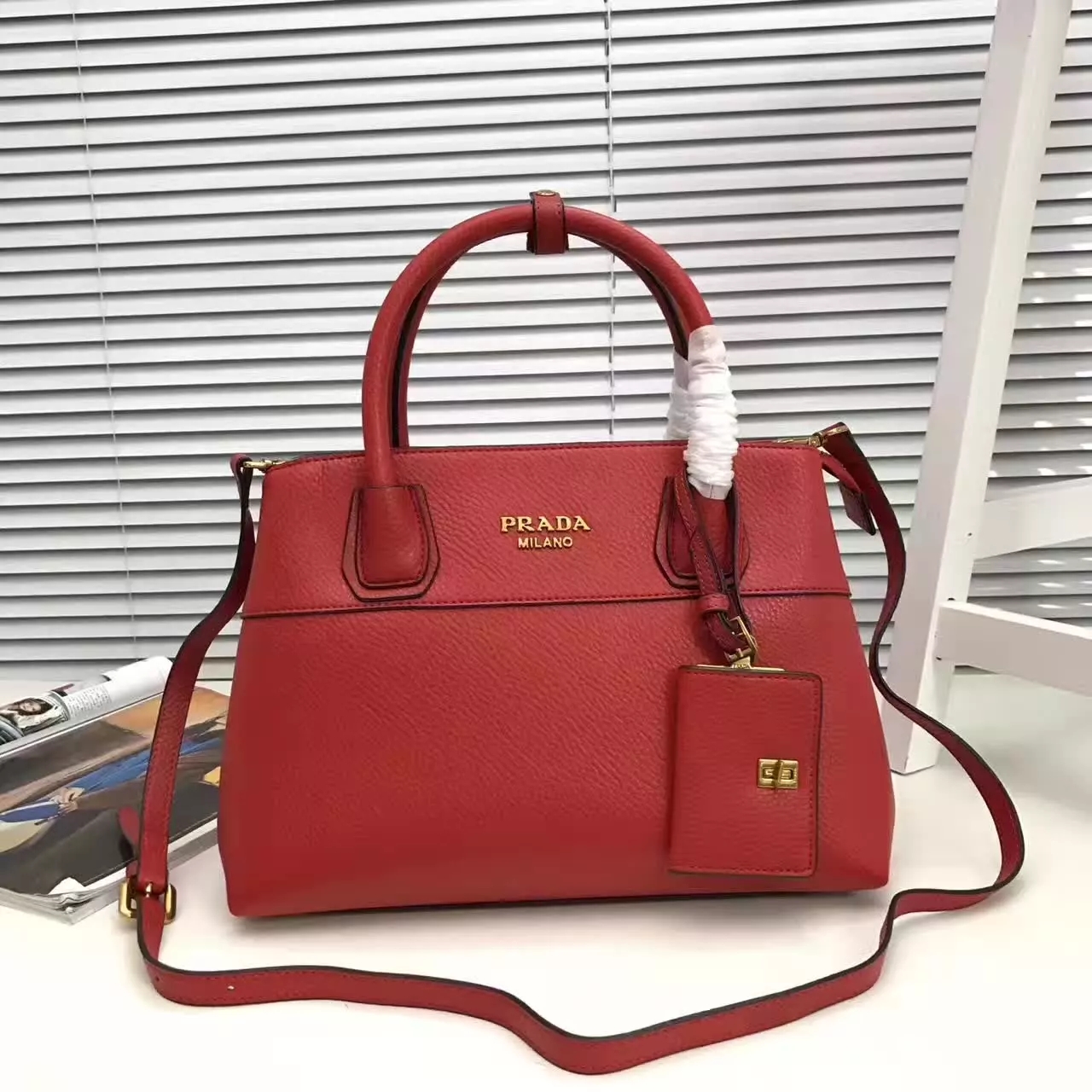 Prada Esplanade Saffiano Leather Tote Bags With Wallet Red