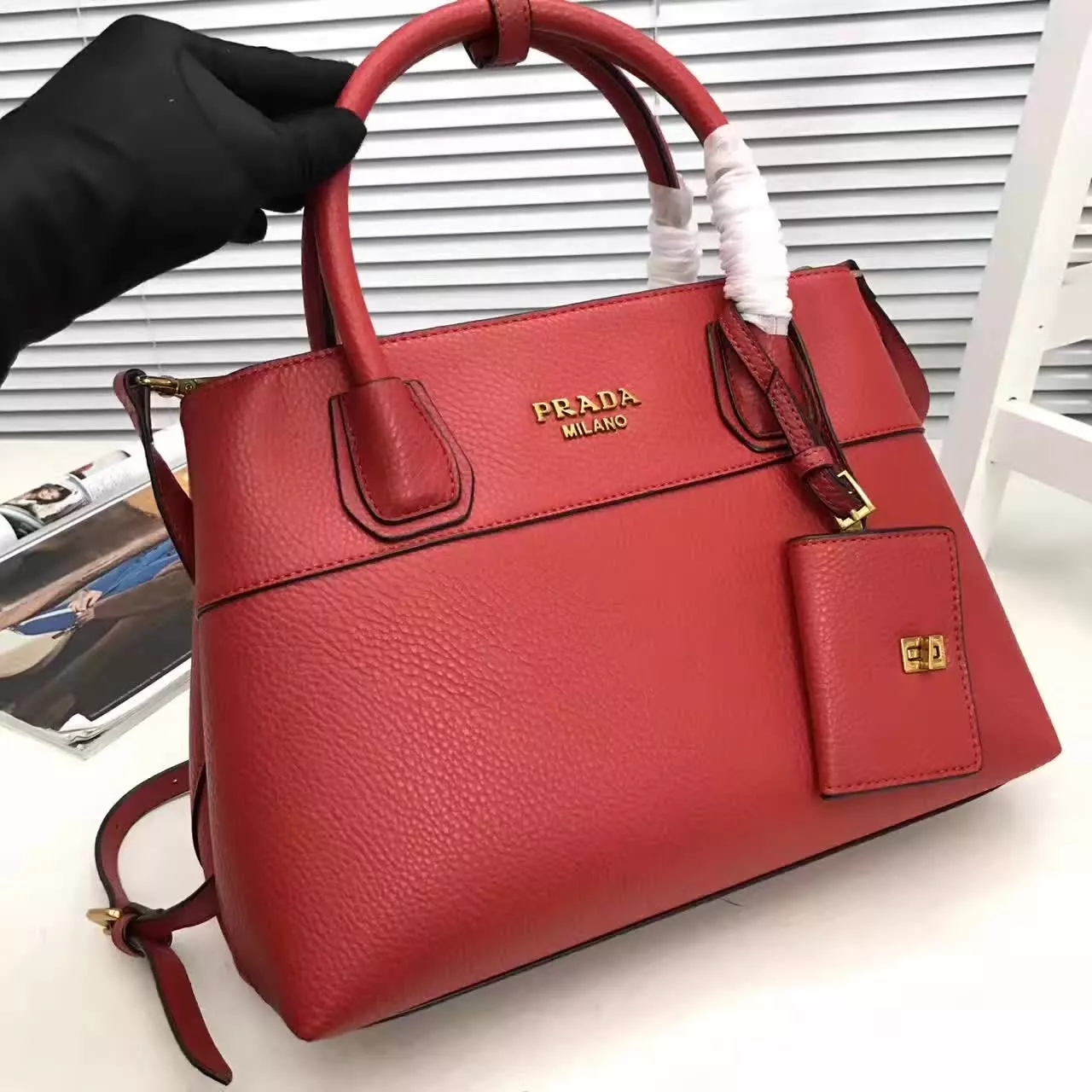 Prada Esplanade Saffiano Leather Tote Bags With Wallet Red