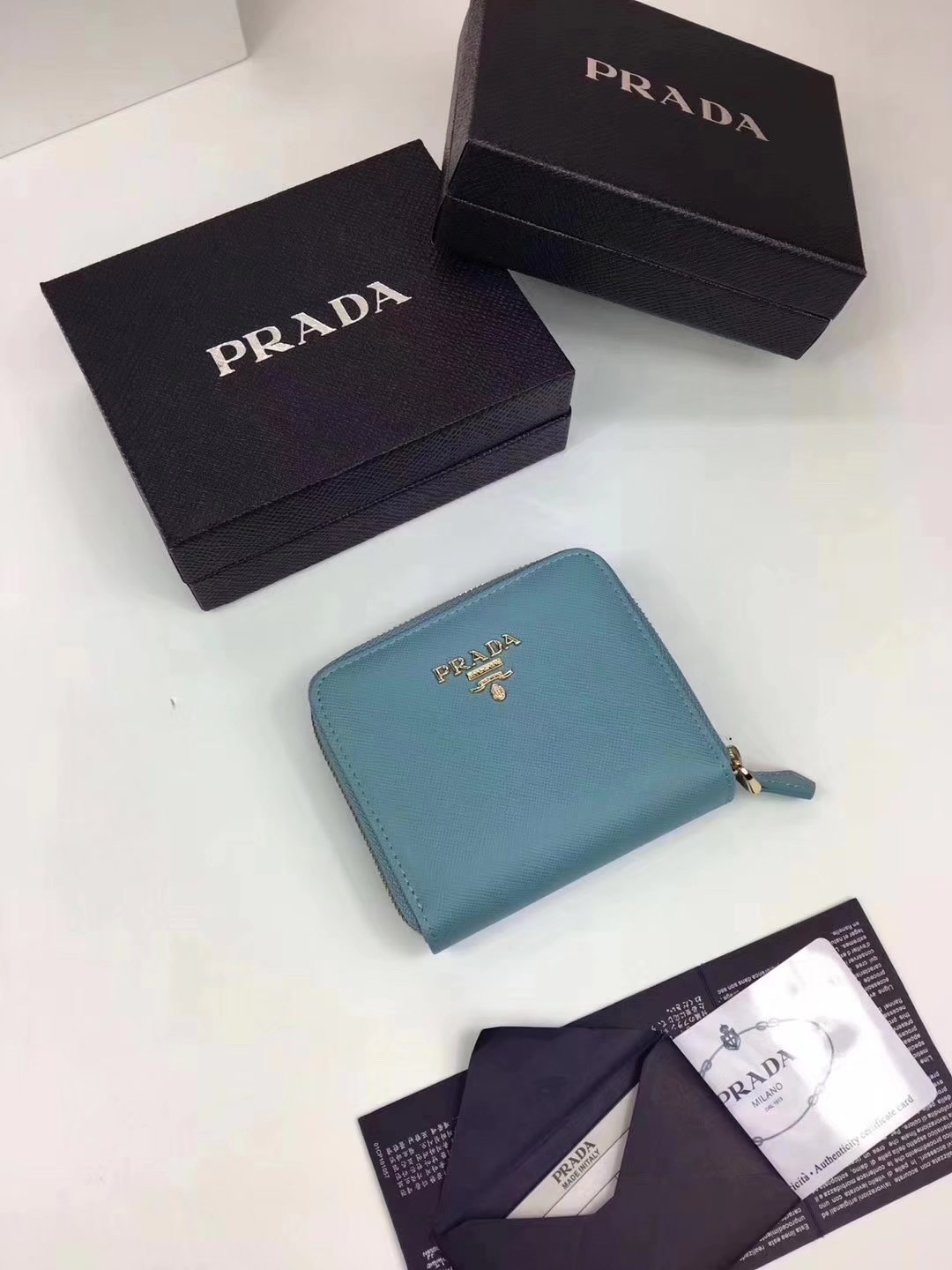 Prada Saffiano Women Leather Coin Purse Light Blue