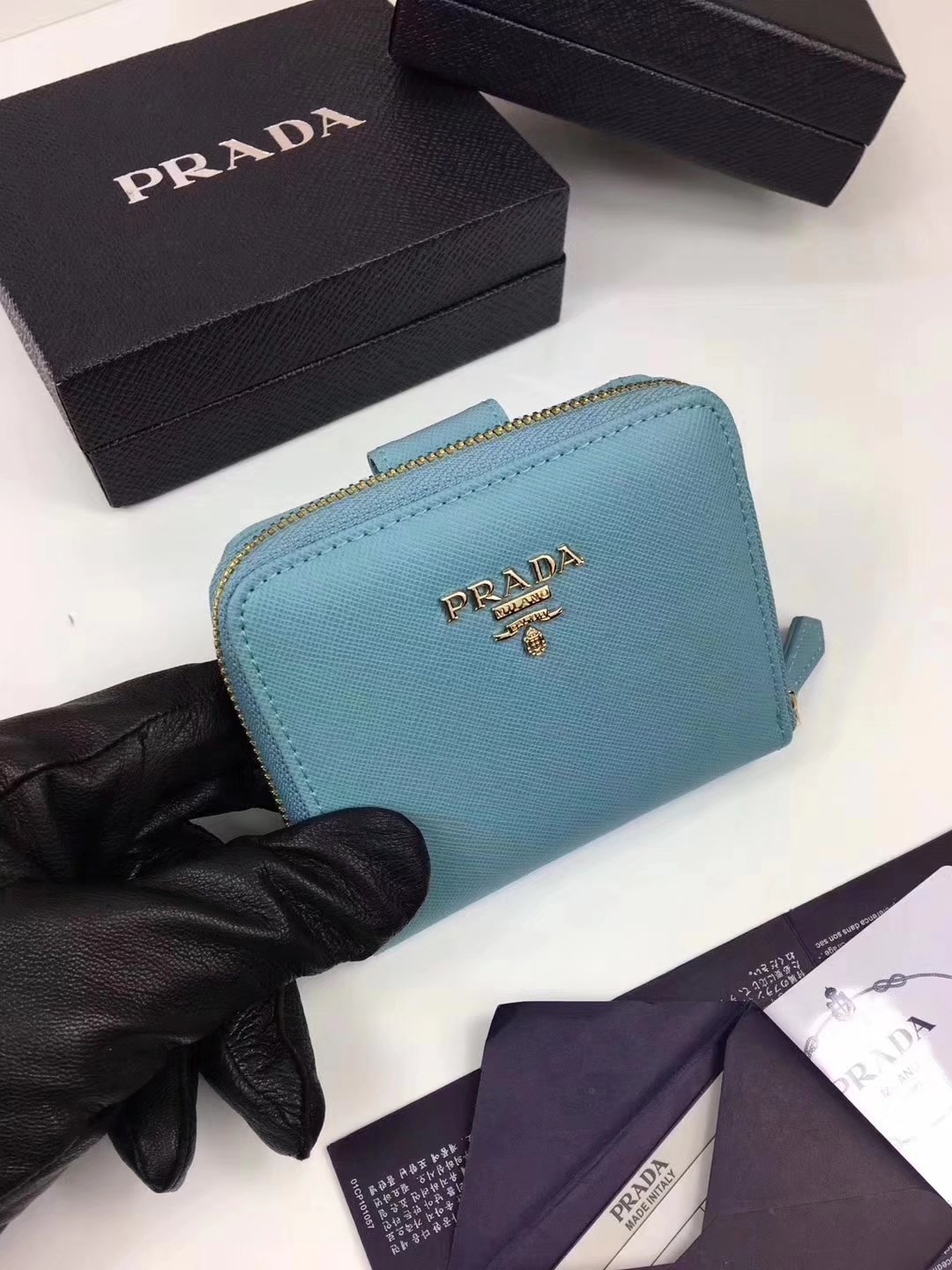 Prada Saffiano Women Leather Coin Purse Light Blue