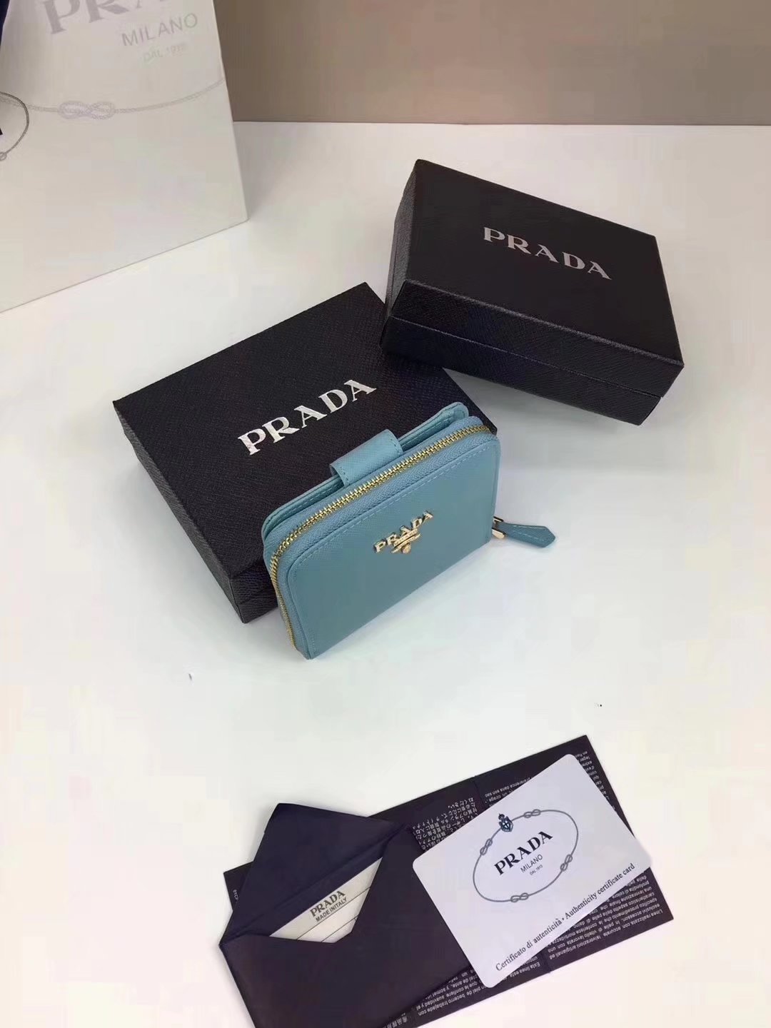 Prada Saffiano Women Leather Coin Purse Light Blue