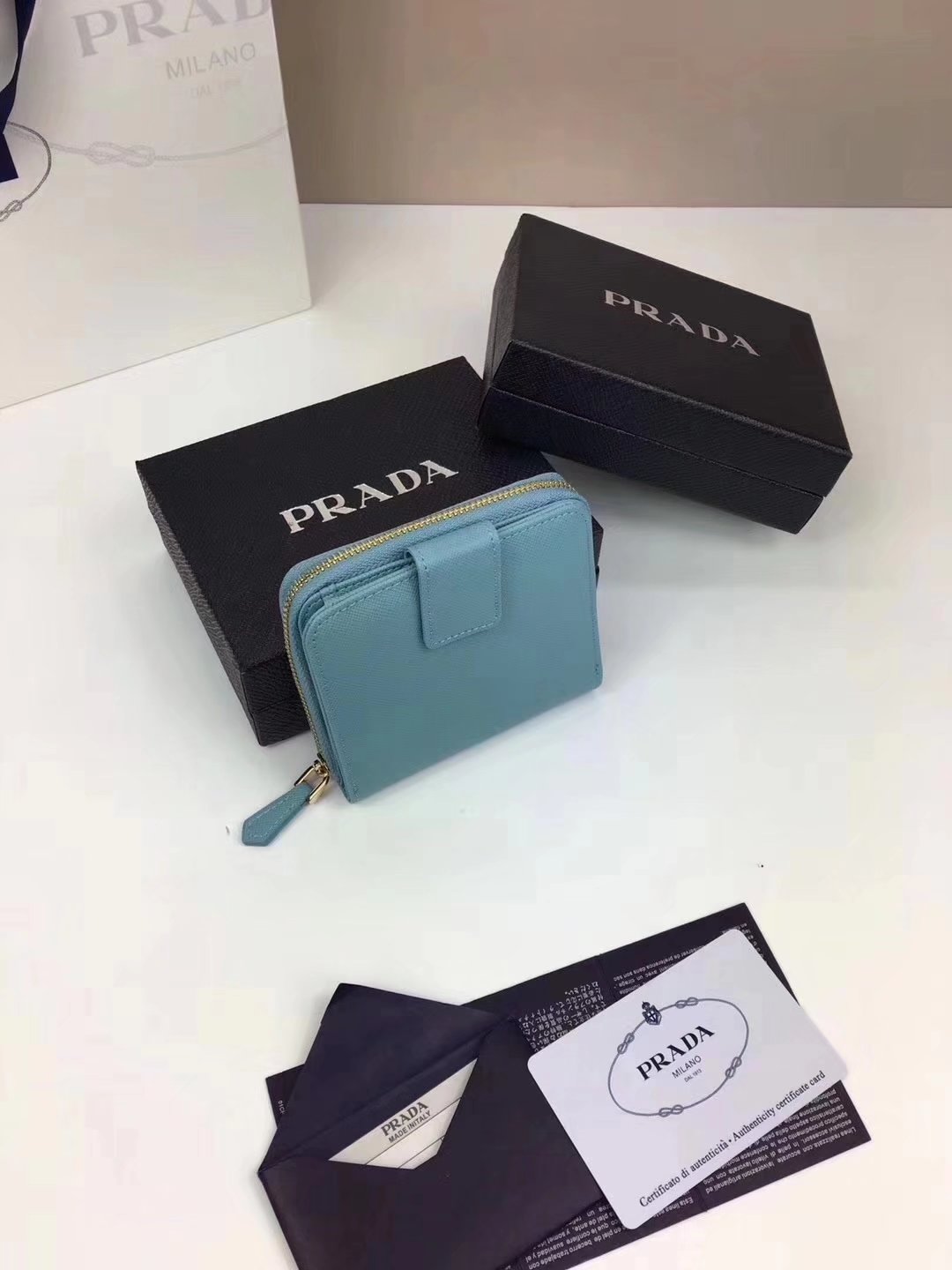 Prada Saffiano Women Leather Coin Purse Light Blue