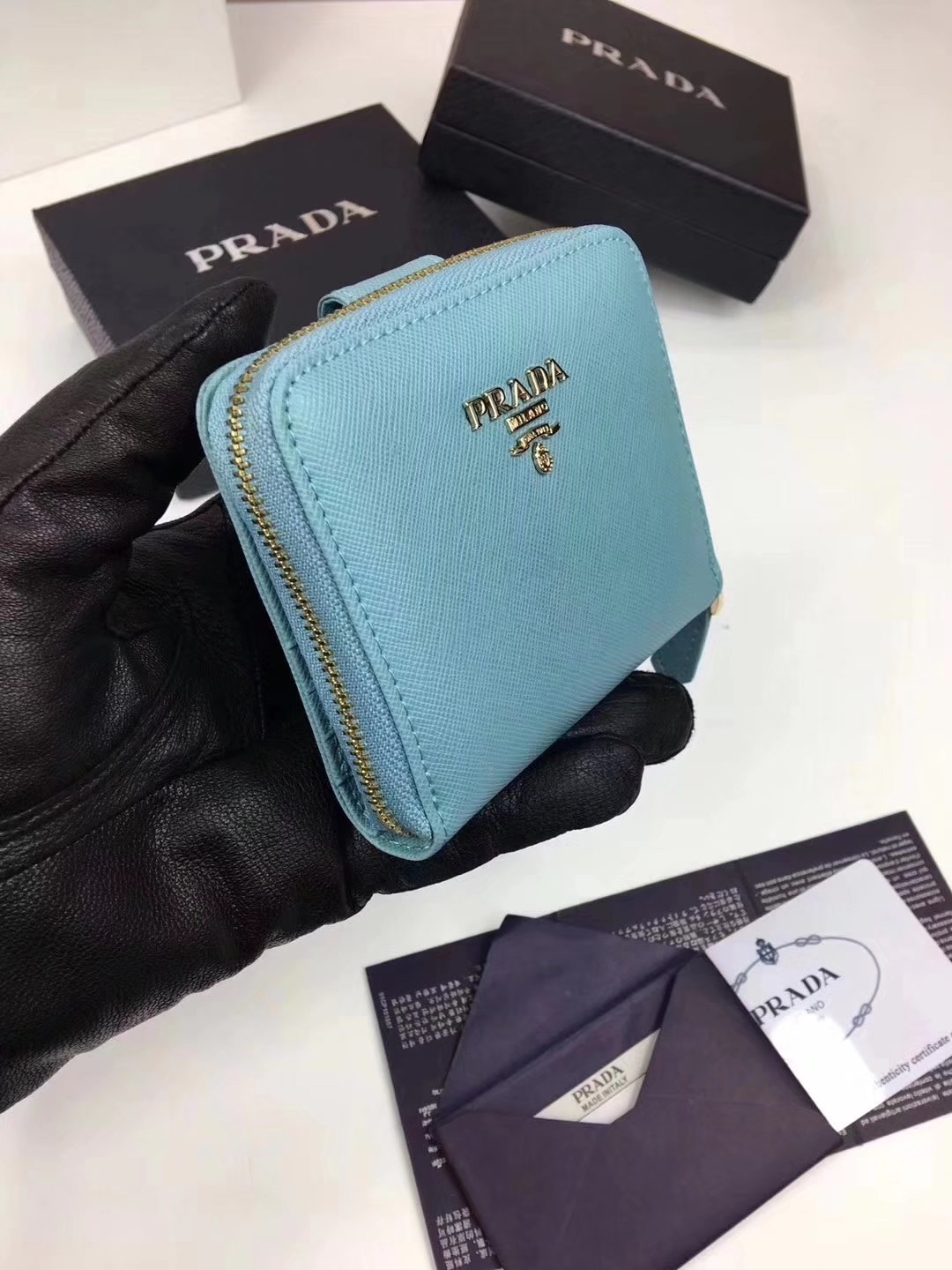 Prada Saffiano Women Leather Coin Purse Light Blue