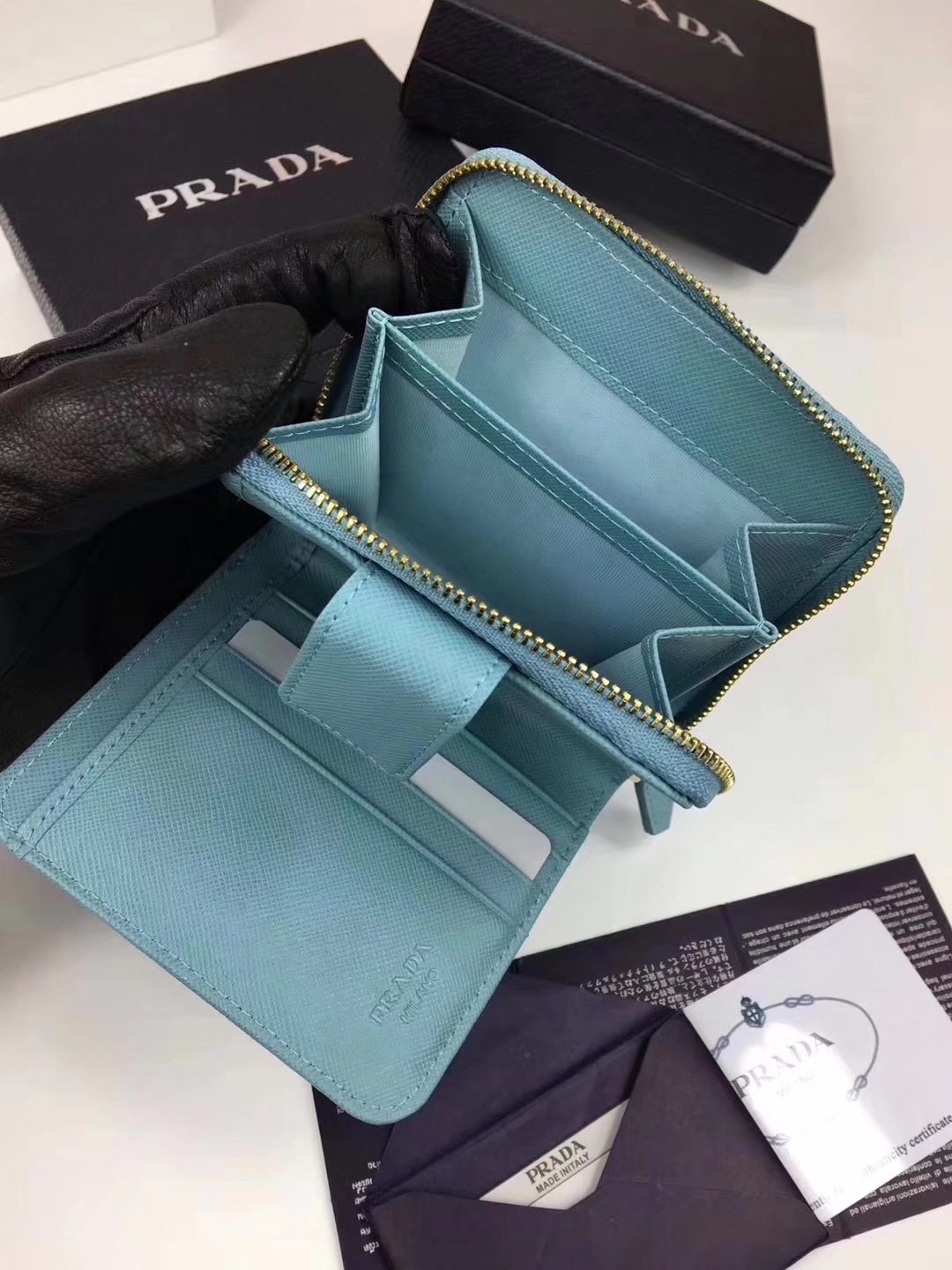 Prada Saffiano Women Leather Coin Purse Light Blue