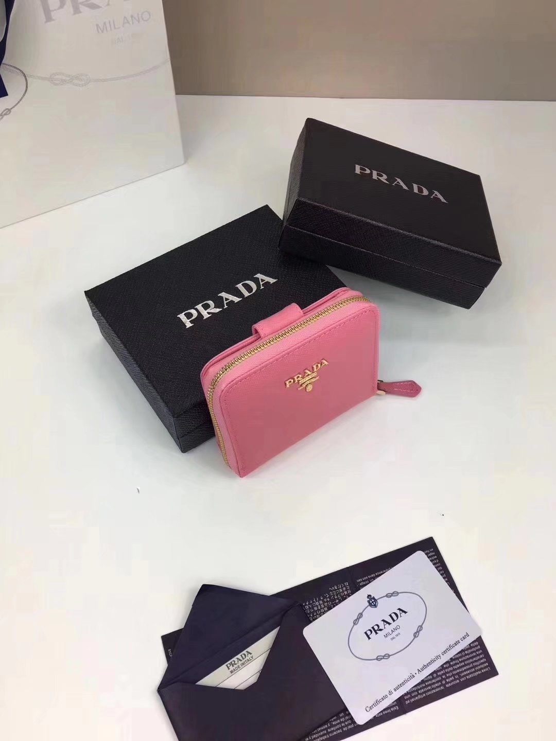 Prada Saffiano Women Leather Coin Purse Pink