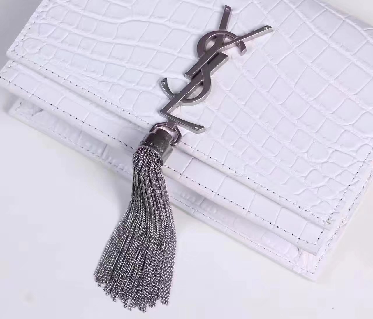 Saint Laurent Classic Medium Monogram Tassel Satchel in White Crocodile Embossed Leather