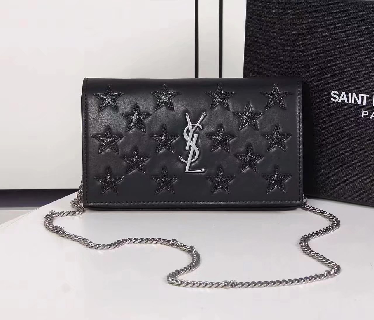 Saint Laurent Star Black Leather Chain Shoulder With Silver Logo