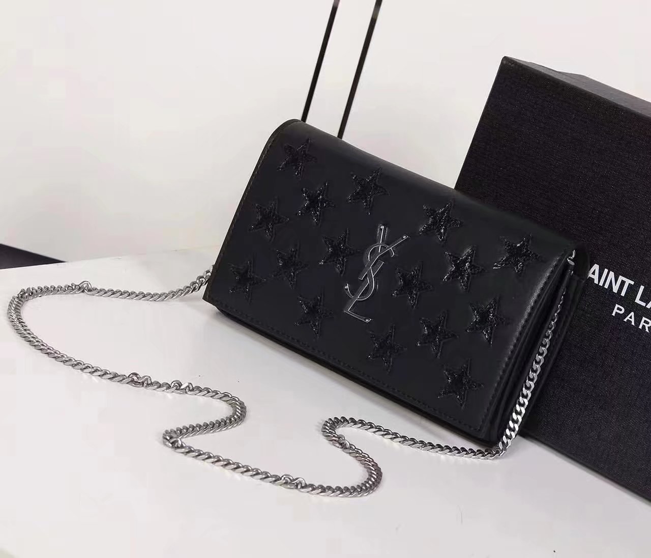 Saint Laurent Star Black Leather Chain Shoulder With Silver Logo