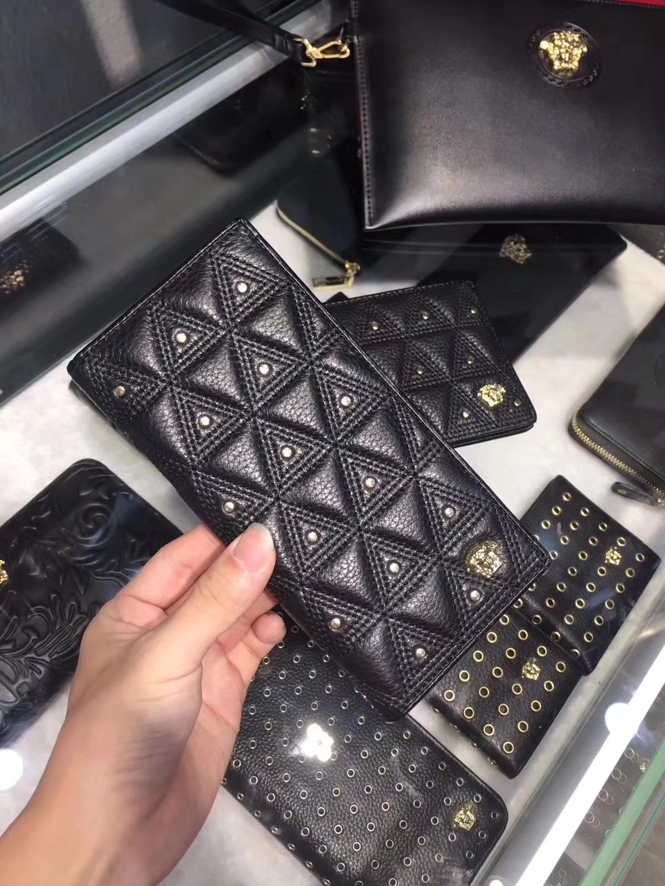 Versace Embossed Studded Triangle Passport Holder Men Long Wallet Black