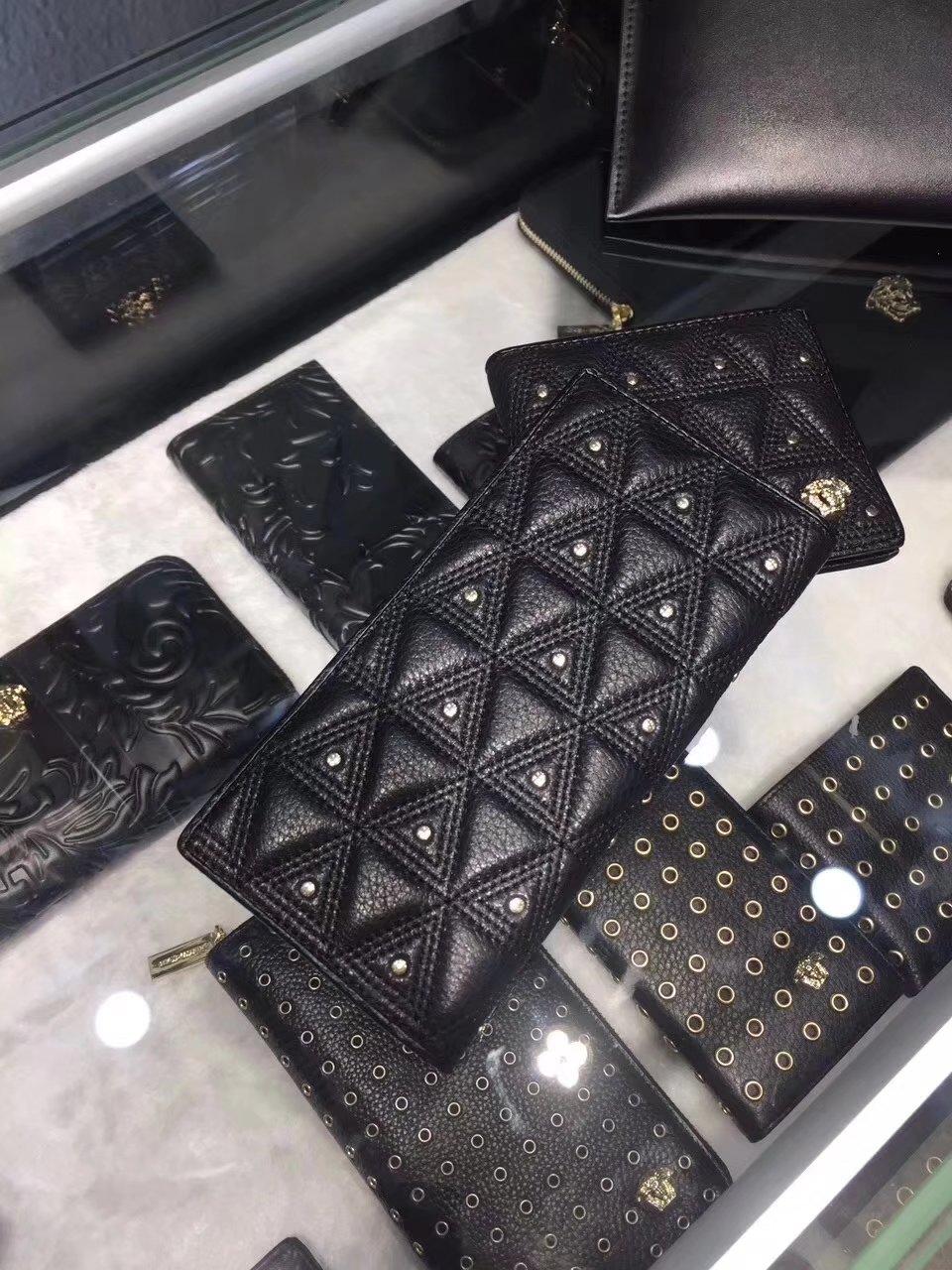 Versace Embossed Studded Triangle Passport Holder Men Long Wallet Black