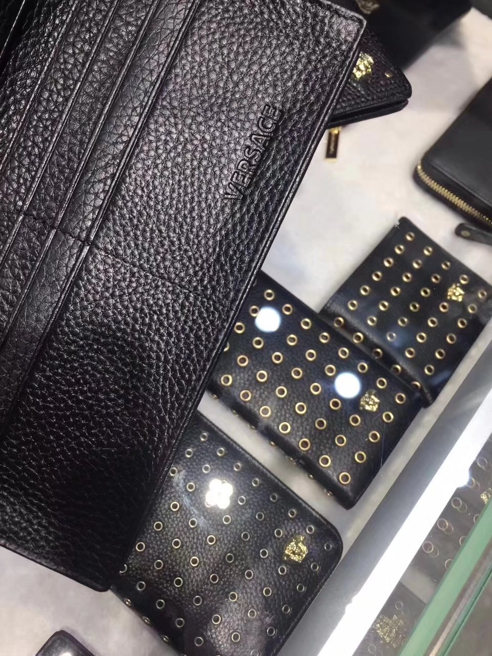 Versace Embossed Studded Triangle Passport Holder Men Long Wallet Black