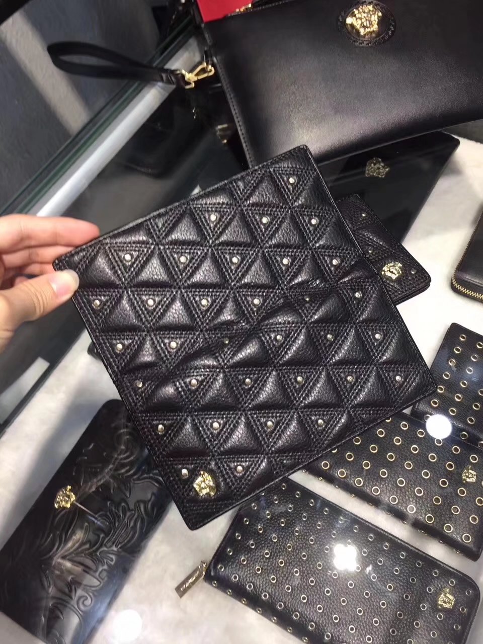 Versace Embossed Studded Triangle Passport Holder Men Long Wallet Black