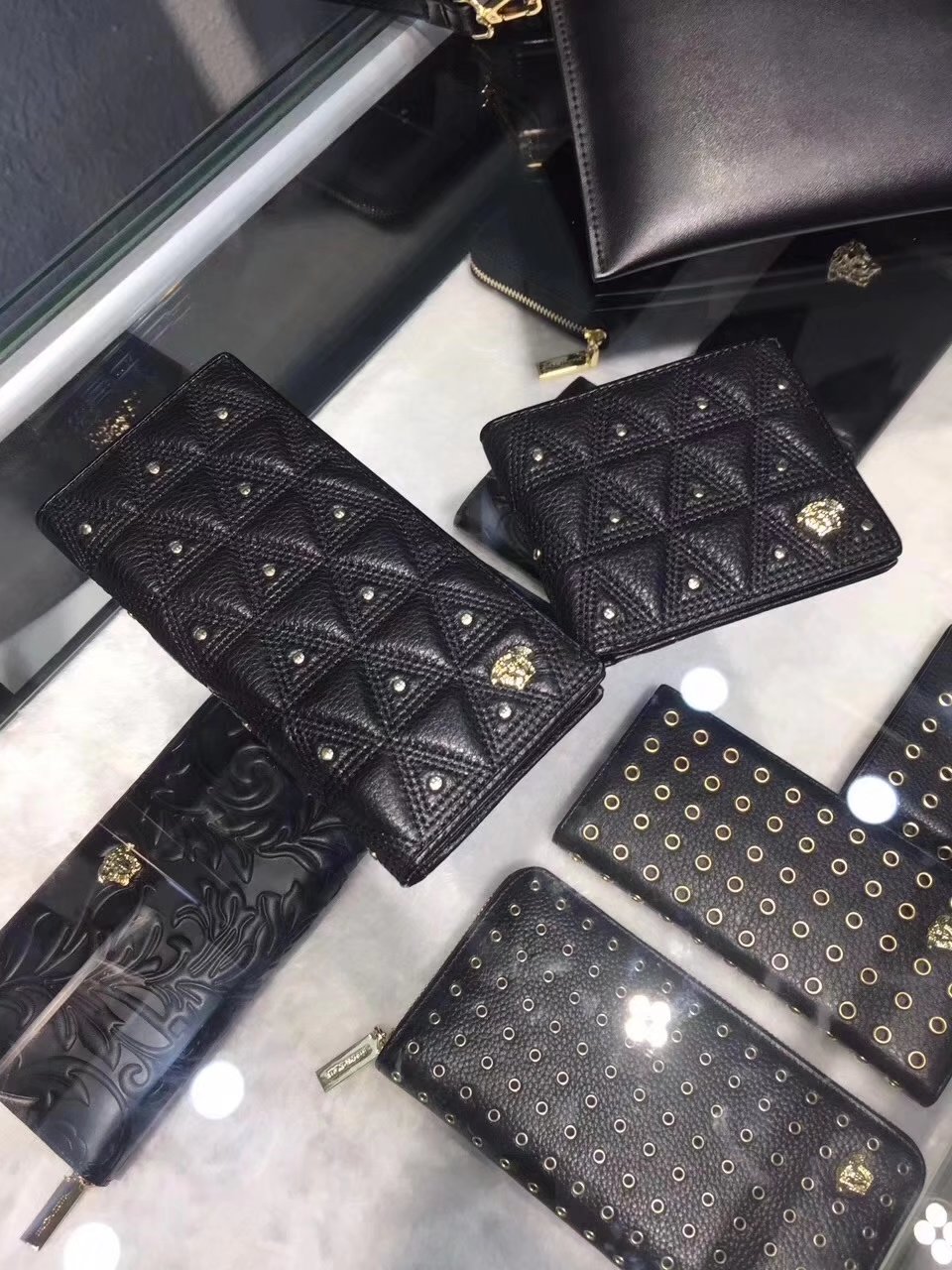 Versace Embossed Studded Triangle Passport Holder Men Long Wallet Black