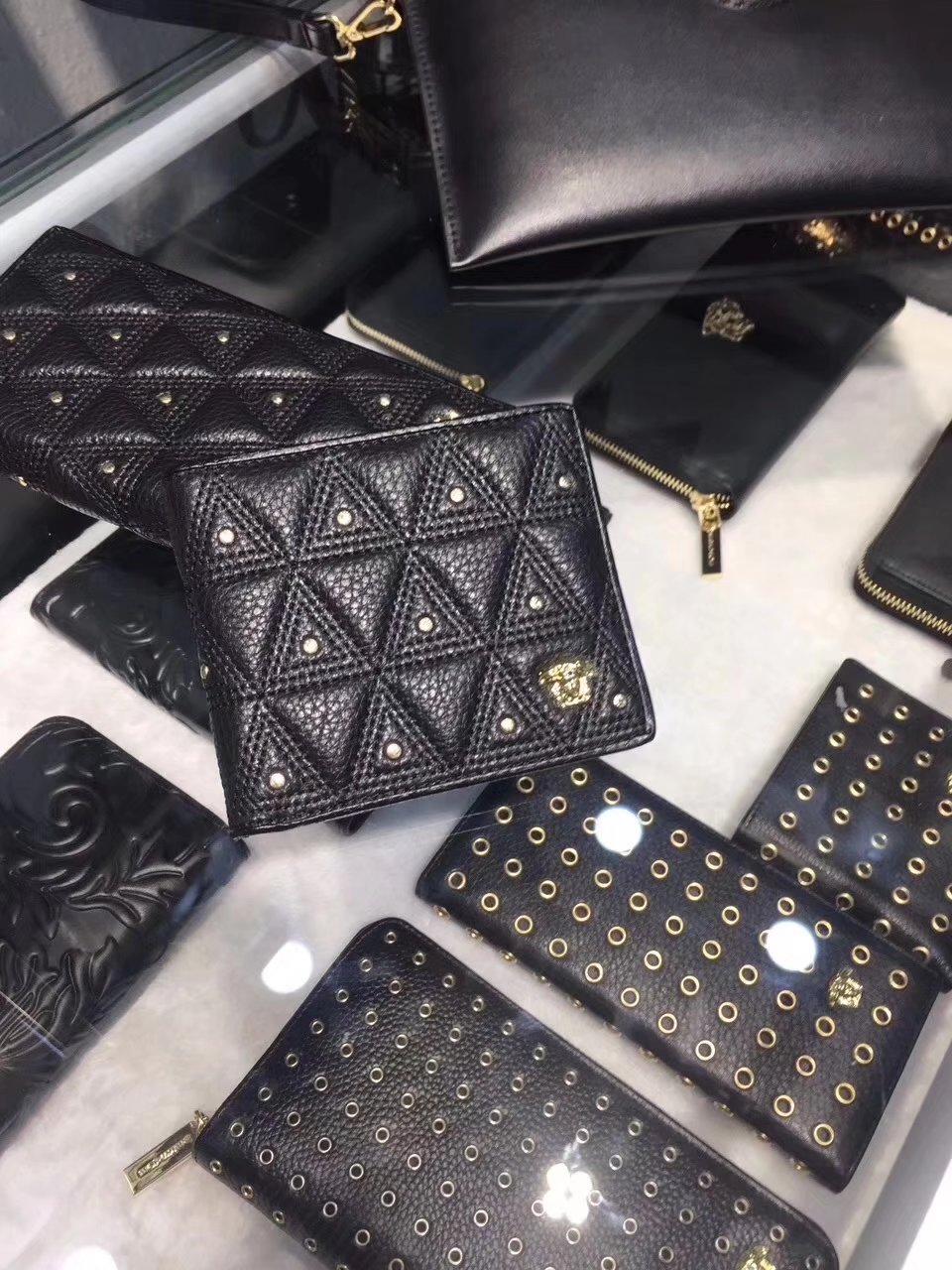 Versace Embossed Studded Triangle Passport Holder Men Wallet Black